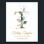 Póster Letter T green & gold foliage Baby Birth Poster<br><div class="desc">Elegant Letter T Baby Birth Poster featuring an illustration of green and golden foliage in watercolor style. Perfect for a baby nursery or child's bedroom.</div>