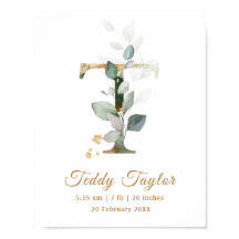 Letter T green & gold foliage Baby Birth Poster
