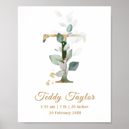 Póster Letter T green & gold foliage Baby Birth Poster