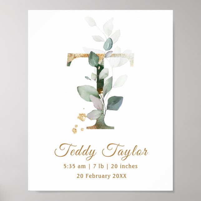 Póster Letter T green & gold foliage Baby Birth Poster (Frente)