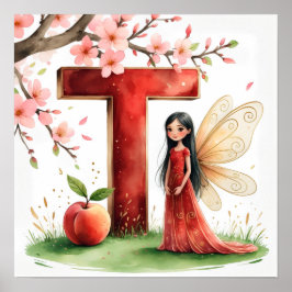 Póster Letter T Peach Fairy Poster Chinese Alphabet Art