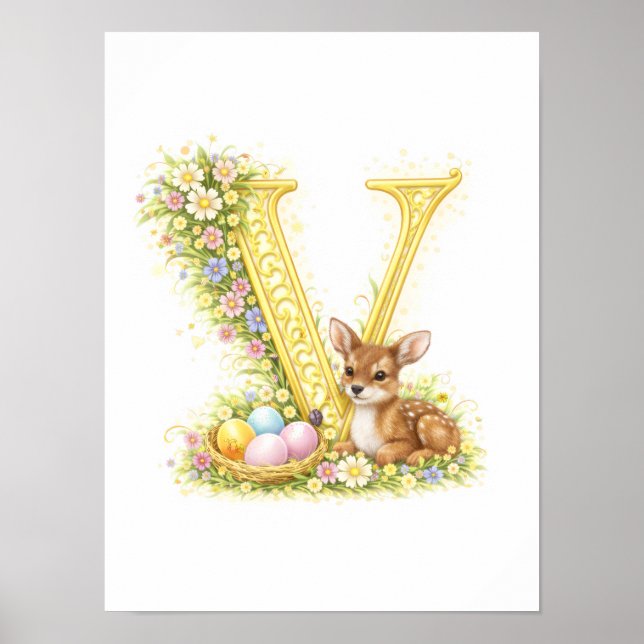 Póster Letter V Gold Spring Nature Monogram Baby Fawn Kid (Frente)