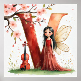 Póster Letter V Violin Fairy Poster -Alphabet Art