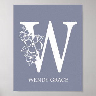 Póster Letter W Floral Monogram Name Nursery Modern