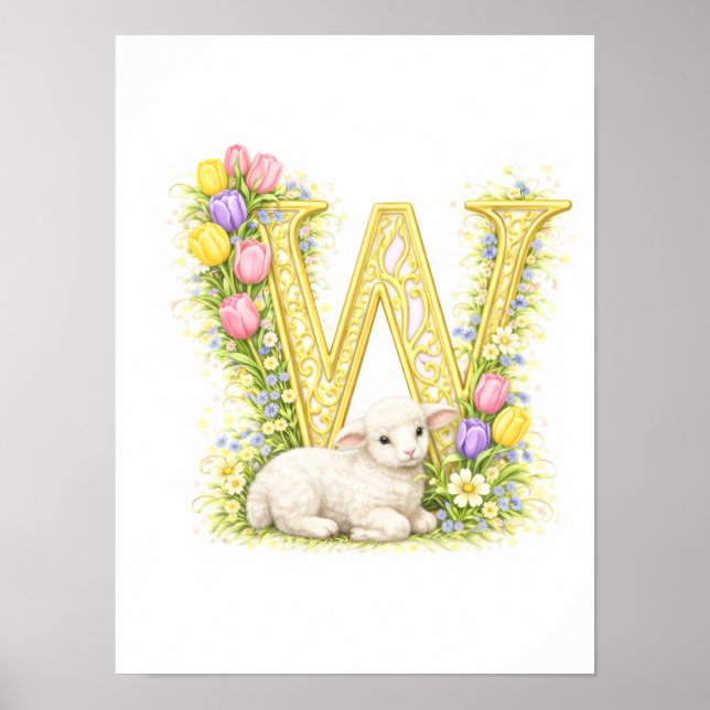 Póster Letter W Gold Spring Nature Monogram Baby Lamb Kid (Frente)