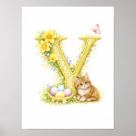 Póster Letter Y Gold Spring Nature Monogram Kitten Kids