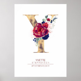 Póster Letter Y Monogram Floral Navy Blue and Burgundy