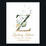 Póster Letter Z green & gold foliage Baby Birth Poster<br><div class="desc">Elegant Letter Z Baby Birth Poster featuring an illustration of green and golden foliage in watercolor style. Perfect for a baby nursery or child's bedroom.</div>