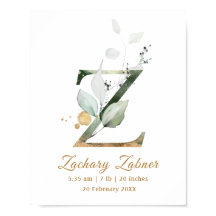 Letter Z green & gold foliage Baby Birth Poster