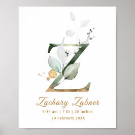 Póster Letter Z green & gold foliage Baby Birth Poster
