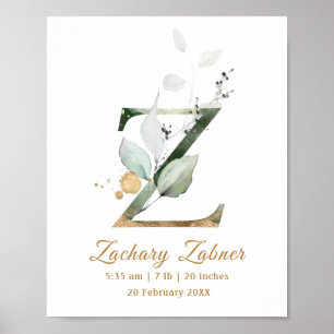Póster Letter Z green & gold foliage Baby Birth Poster