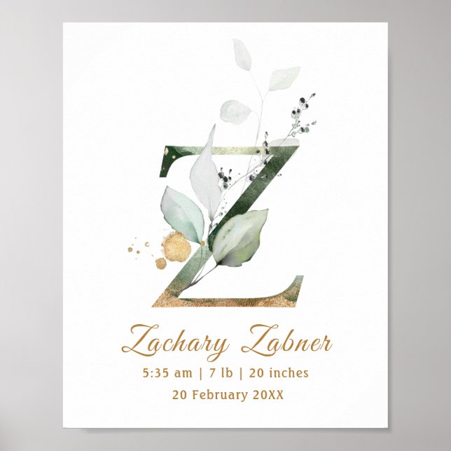 Póster Letter Z green & gold foliage Baby Birth Poster (Frente)