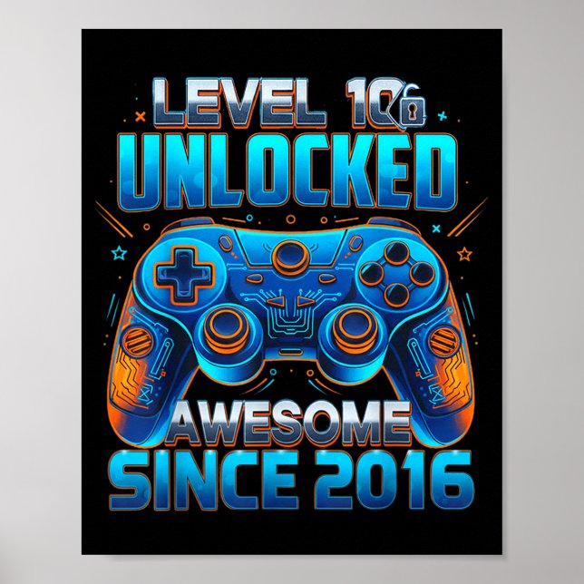 Póster Level 10 Unlocked Awesome Since 2016 10th Birthday (Frente)
