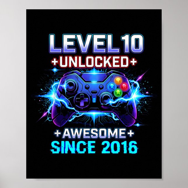 Póster Level 10 Unlocked Awesome Since 2016 10th Birthday (Frente)