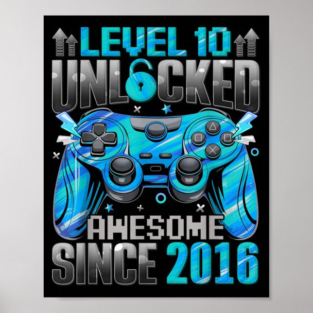 Póster Level 10 Unlocked Awesome Since 2016 10th Birthday (Frente)