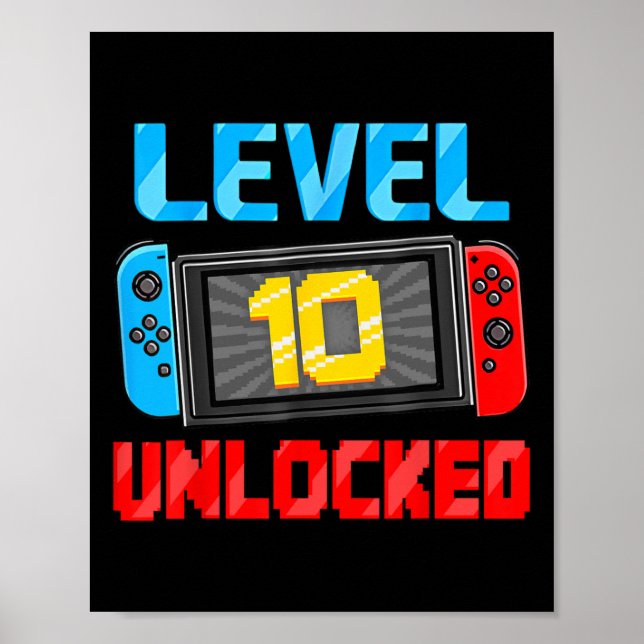 Póster Level 10 Unlocked Gamer 10th Birthday Gift Video G (Frente)