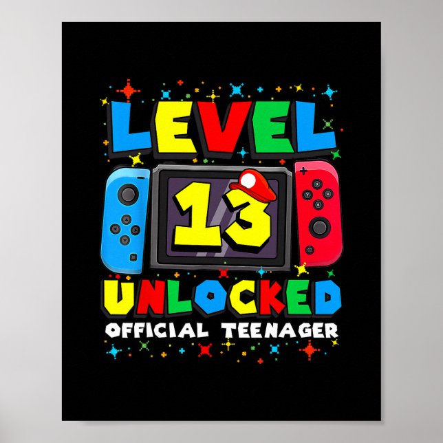 Póster Level 13 Unlocked Gamer 13th Birthday Gift Video G (Frente)