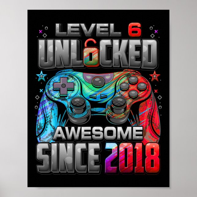 Póster Level 6 Unlocked Awesome Since 6th Birthday Gaming (Frente)