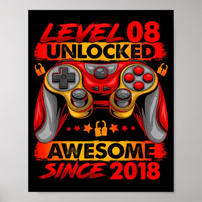 Póster Level 8 Unlocked 8 Year Old Boys 8th Birthday Boy  (Frente)