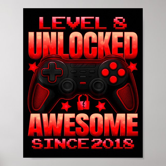 Póster Level 8 Unlocked 8 Year Old For Boys 8th Birthday  (Frente)