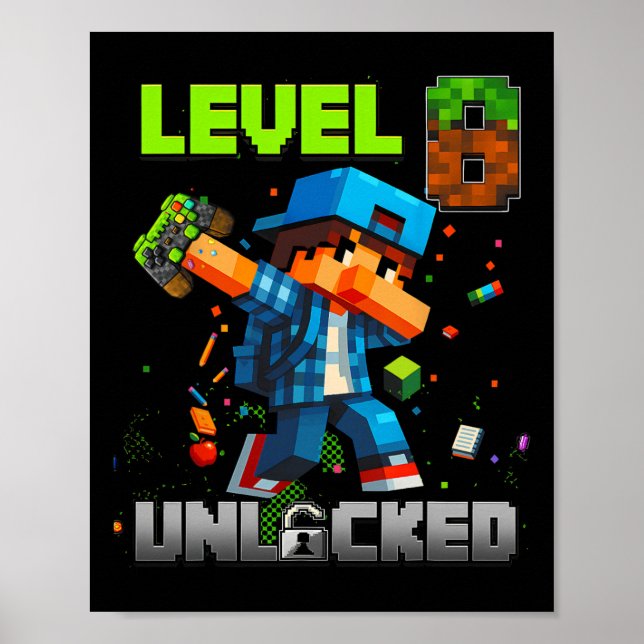 Póster Level 8 Unlocked Funy Birthday Boy Pixel Gamer 8th (Frente)