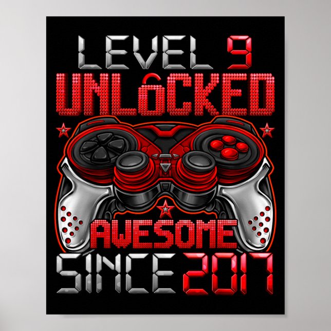 Póster Level 9 Unlocked 9 Year Old For Boys 9th Birthday  (Frente)