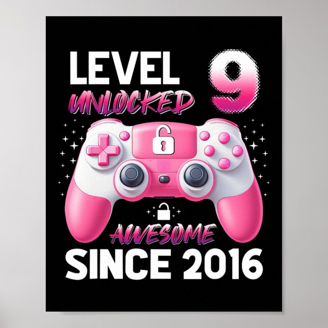 Póster Level 9 Unlocked Awesome Since 2016 Video Gamer Gi (Frente)