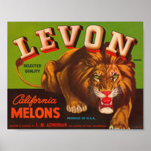 Póster Levon Calfironia Melons Etiqueta de la tasa de con