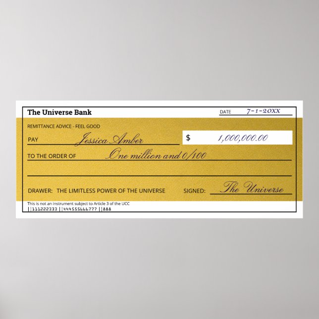 Póster Ley de Atracción Cheque de Abundancia Dorado Elega (Frente)