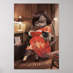 Póster Leyendo gato en Cheongsam