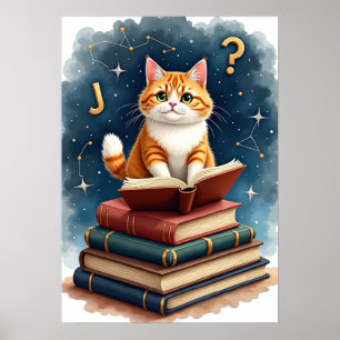 Póster Leyendo Gato en el Espacio Libro Gusano Astronauta