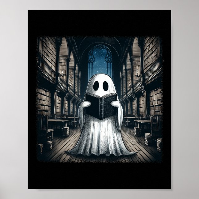 Póster Leyendo libro bibliotecario de Halloween de la Bib (Frente)
