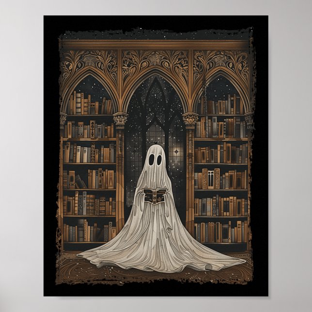 Póster Leyendo libro bibliotecario de Halloween de la Bib (Frente)