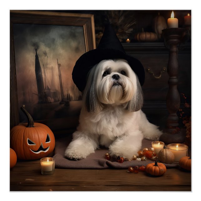 Póster Lhasa Apso Calabazas Halloween Espeluznante (Anverso)