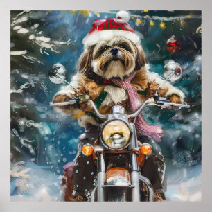 Póster Lhasa Apso Perro Montando Motocicleta Navidad