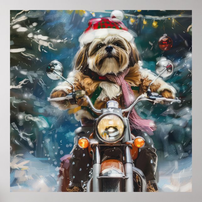 Póster Lhasa Apso Perro Montando Motocicleta Navidad  (Frente)