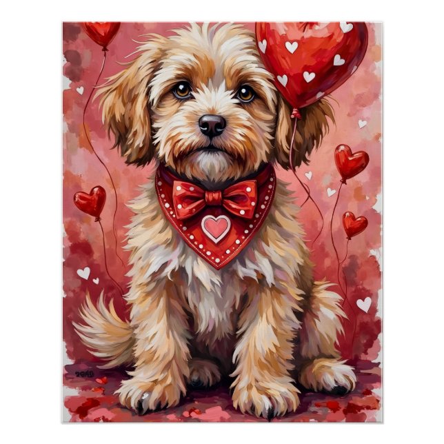 Póster Lhasa Apso San Valentín Perro Sentado con Corazone (Anverso)