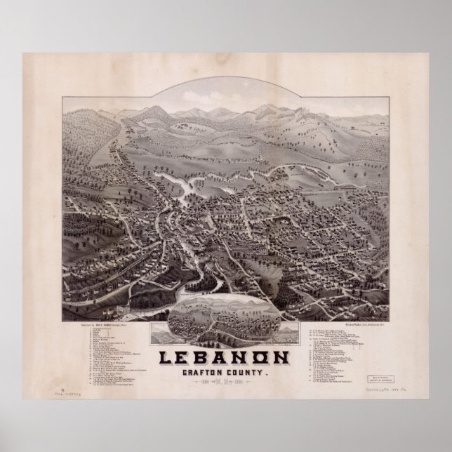 Póster Líbano 1884, NH Birds View Panoramic Map (Frente)