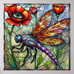 Póster Libélula Amapola Flor Insecto Entusiasta Botánico