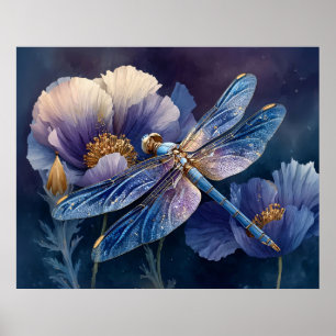 Póster Libélula Azul con Alas Doradas