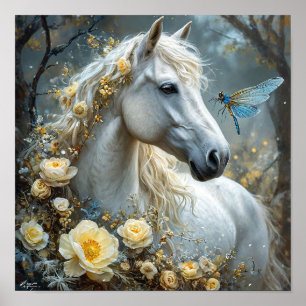 Póster 🐎 Libélula de Caballo Blanco y Sueño de Rosas Bla