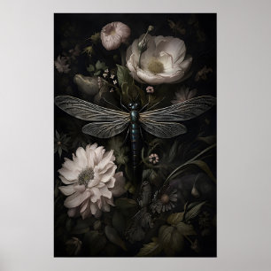 Póster Libélula en estampa de jardín floral oscuro, sombr