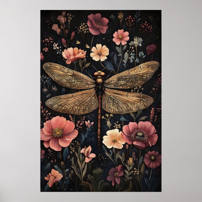 Póster Libélula en jardín de flores oscuras, Libélula mel (Frente)