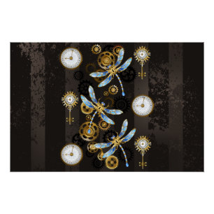 Póster Libélulas Steampunk sobre fondo marrón rayado