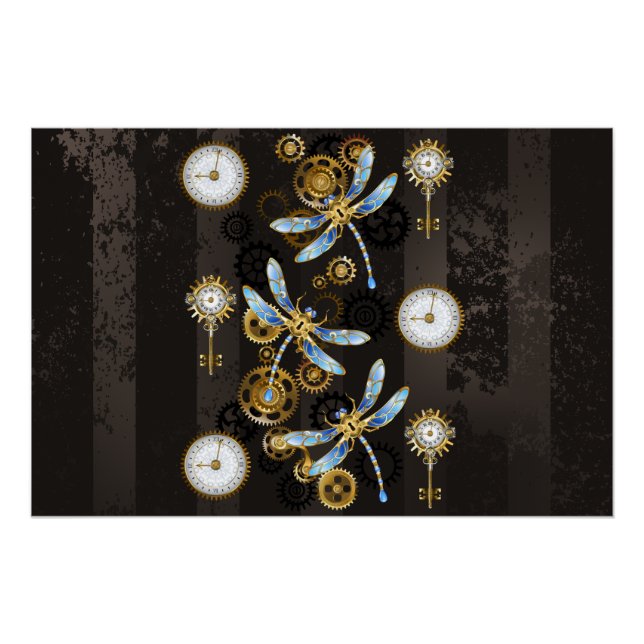 Póster Libélulas Steampunk sobre fondo marrón rayado (Anverso)
