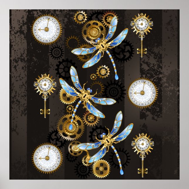 Póster Libélulas Steampunk sobre fondo marrón rayado (Frente)