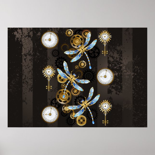Póster Libélulas Steampunk sobre fondo marrón rayado (Frente)