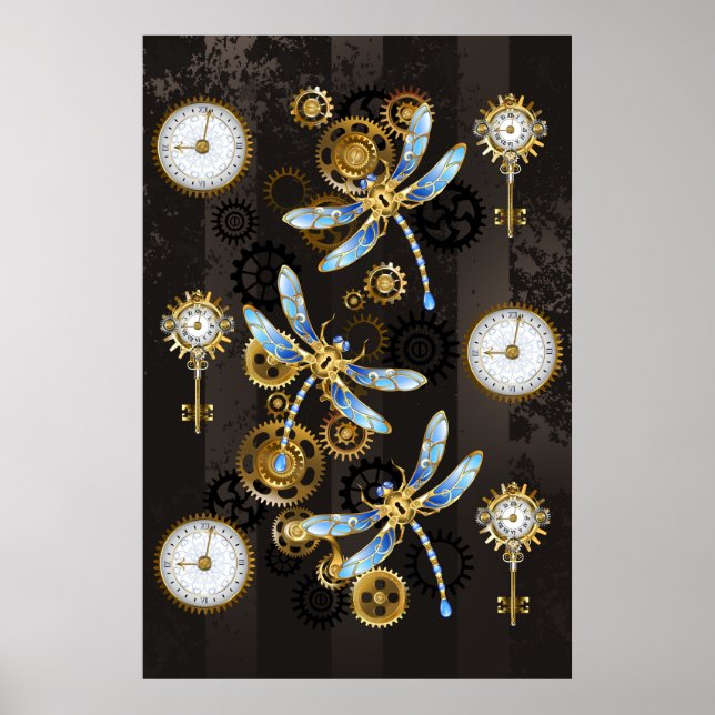 Póster Libélulas Steampunk sobre fondo marrón rayado (Frente)