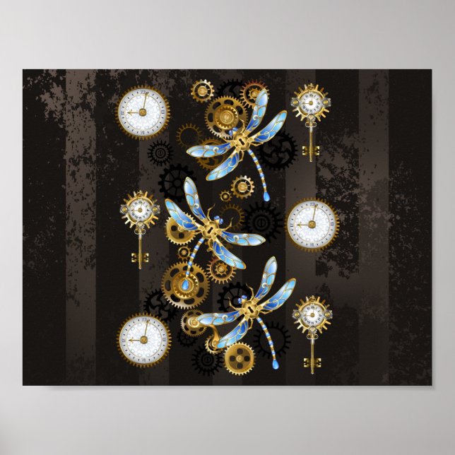 Póster Libélulas Steampunk sobre fondo marrón rayado (Frente)