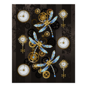 Póster Libélulas Steampunk sobre fondo marrón rayado